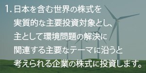 1.日本を含む世界の株式を実質的な主要投資対象とし、
主として環境問題の解決に関連する主要なテーマに沿うと考えられる企業の株式に投資します。
